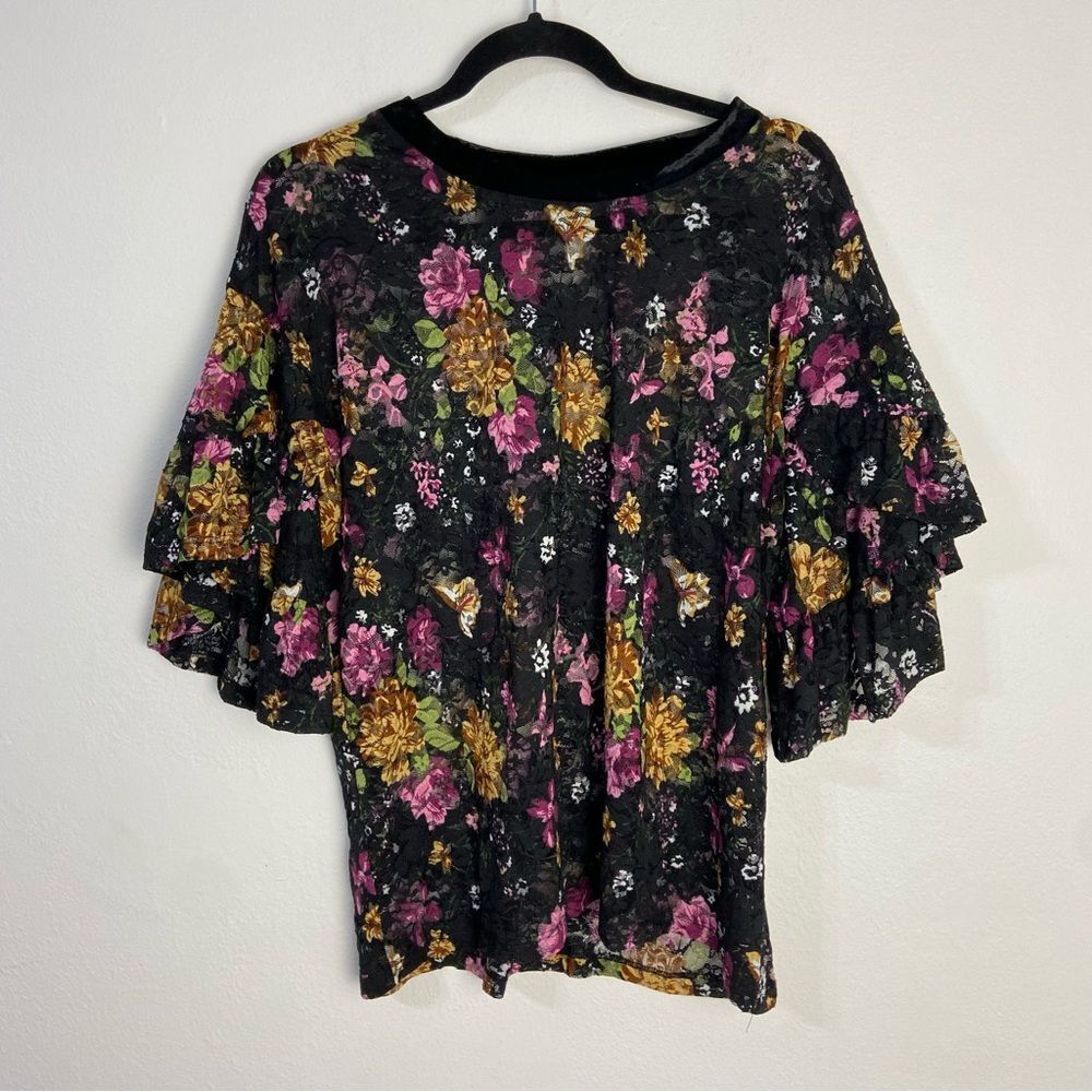 POL‎ Black & Pink Floral Asían Print Top L Velvet Lace Fairy Cottage Romantic